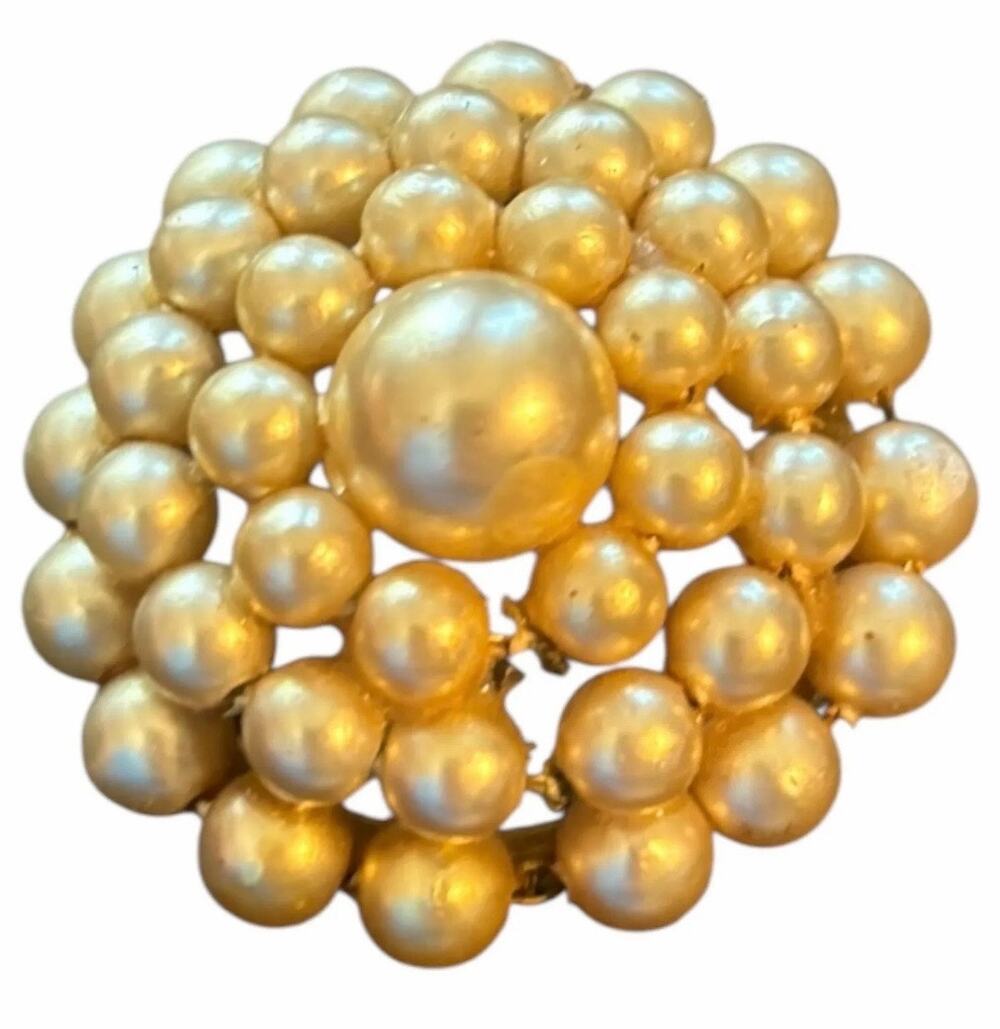 Vintage Faux Pearl Cluster Brooch Gold Tone Large Statement Round Pin Classic
